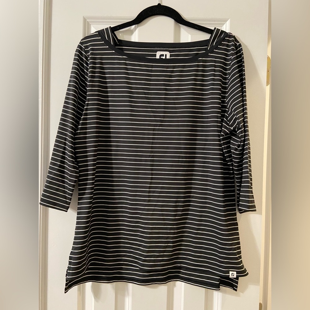 FootJoy Black & White Striped Long Sleeve Performance Golf Shirt - Size L